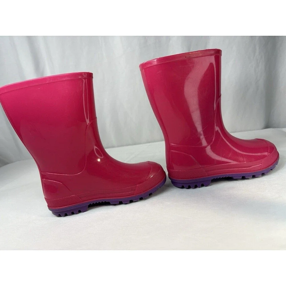 Kids Pink Rubber Rain Boots Purple Sole Mid-Calf Pull On Size 7-8